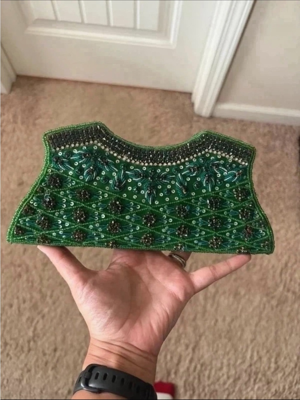 Hand-Beaded Emerald Green Evening Clutch